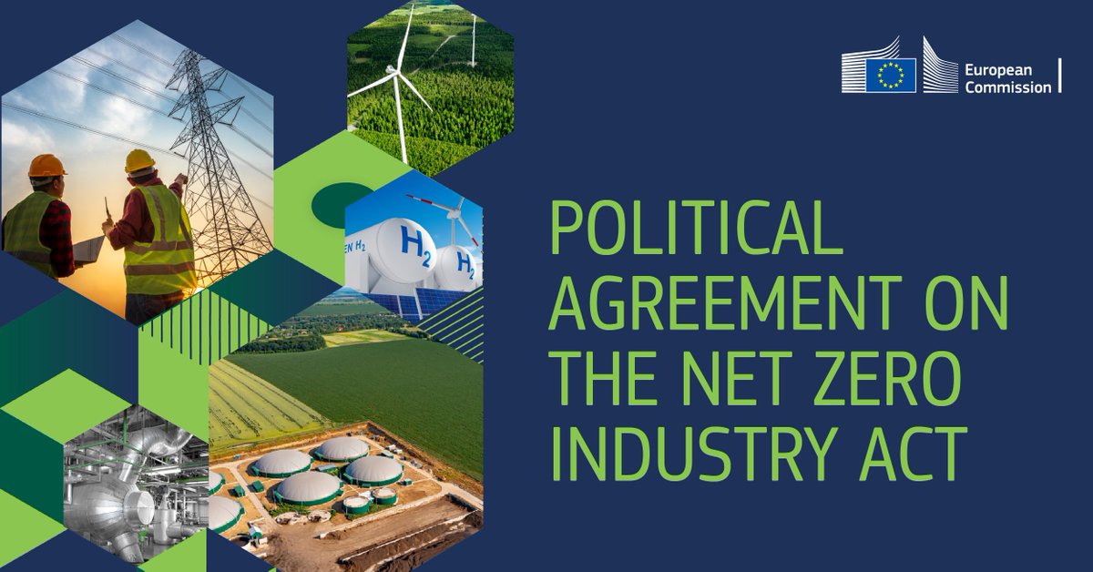 📣 Success! We have a political agreement on the #NetZeroIndustry Act!

📈⚙️#NZIA will boost EU net-zero tech manufacturing with better faster permitting, better market access and improved skills to meet 40% of ☀️🌪️🔋demand by 2030.

Details👉 europa.eu/!cNyrtH
#NetZeroEU