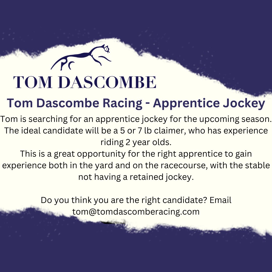 Tom Dascombe Racing is looking for an apprentice jockey to join the team at Frenchman’s Lodge, Lambourn, for the coming season! Please reach out to tom@tomdascomberacing.com to find out more! #TeamDascombe