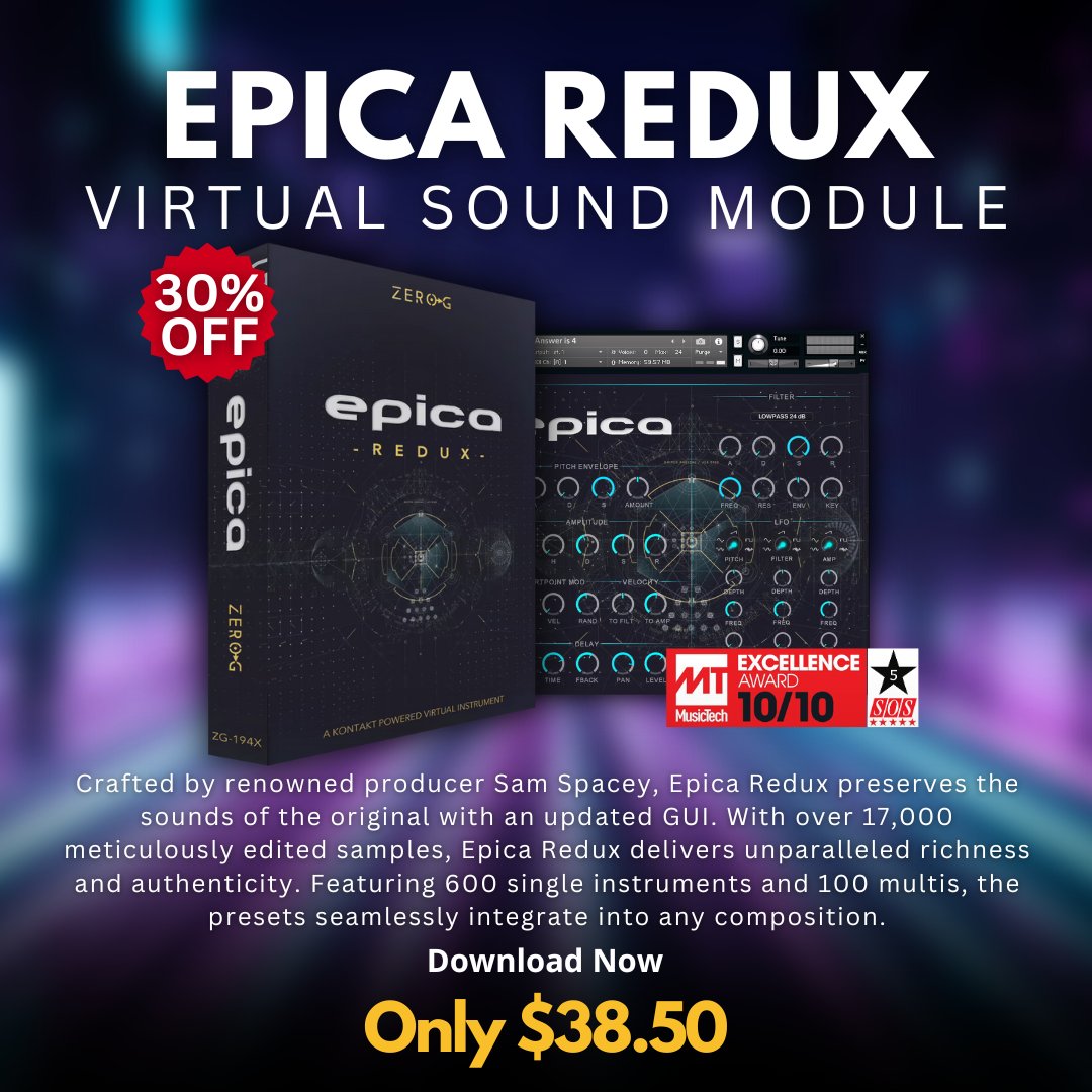 🎼30% off Zero-G Epica Redux! Only $38.50!
 
👉zero-g.co.uk/collections/sy…

Epica Redux ensures authentic sound with all samples hand looped. The result is a rich, full, and 'real' sound, seamlessly fitting into projects without the need for additional adjustments.