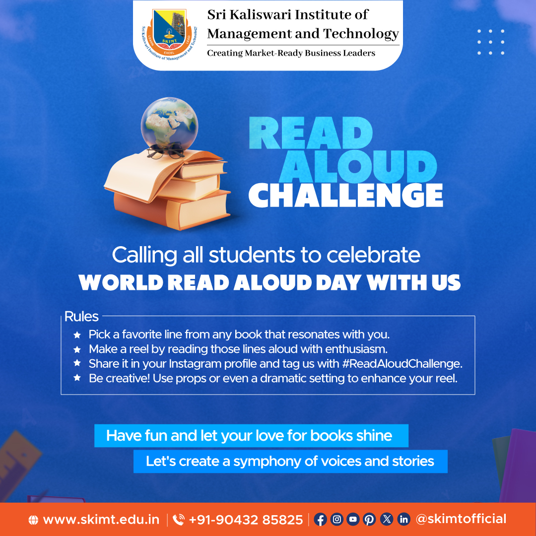 Your voice has the power to bring joy and inspiration to others. Embrace the magic of #storytelling and share your love for books by participating in this #challenge. We look forward to hearing your loud voices.

🌐skimt.edu.in

#ReadAloudMagic #BookLoversUnite #SKIMT