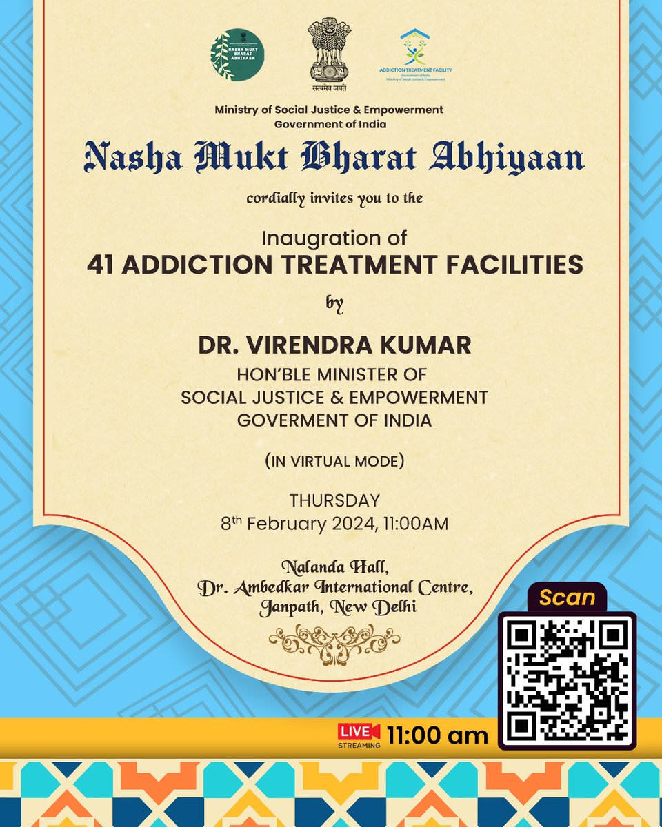 Nasha Mukt Bharat Abhiyaan (@nmba_msje) on Twitter photo NMBA cordially invites you to the virtual launch of 41 Addiction Treatment Facilities by Dr Virendra Kumar on 8 Feb 24 at 11AM.
Join us at: youtube.com/live/qpVXdybjo…
<a href="/Drvirendrakum13/">Dr. Virendra Kumar</a> <a href="/MSJEGOI/">Ministry of Social Justice & Empowerment, GOI</a> <a href="/nddtc_aiims/">NDDTC, AIIMS, Delhi</a> <a href="/_saurabhgarg/">Saurabh Garg</a> <a href="/HMOIndia/">गृहमंत्री कार्यालय, HMO India</a> <a href="/NITIAayog/">NITI Aayog</a> <a href="/UNODC/">UN Office on Drugs & Crime</a> #nmba #drugfreeindia NMBA cordially invites you to the virtual launch of 41 Addiction Treatment Facilities by Dr Virendra Kumar on 8 Feb 24 at 11AM.
Join us at: youtube.com/live/qpVXdybjo…
<a href="/Drvirendrakum13/">Dr. Virendra Kumar</a> <a href="/MSJEGOI/">Ministry of Social Justice & Empowerment, GOI</a> <a href="/nddtc_aiims/">NDDTC, AIIMS, Delhi</a> <a href="/_saurabhgarg/">Saurabh Garg</a> <a href="/HMOIndia/">गृहमंत्री कार्यालय, HMO India</a> <a href="/NITIAayog/">NITI Aayog</a> <a href="/UNODC/">UN Office on Drugs & Crime</a> #nmba #drugfreeindia