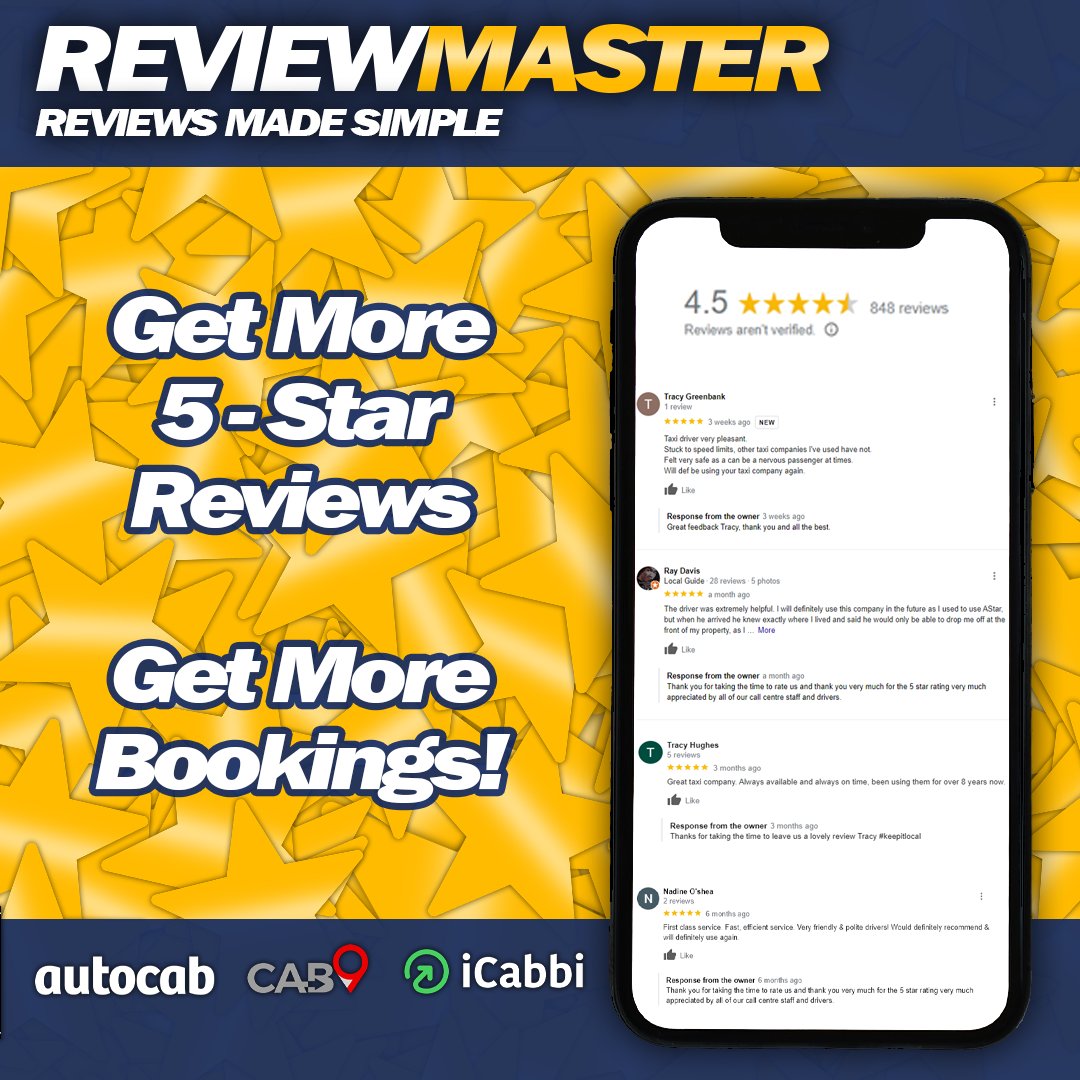 ReviewMasterSeo's tweet photo. Get ReviewMaster today and enjoy more 5-star reviews today!
Users of Autocab, Cab9 and iCabbi can enjoy a MONTH FREE TRIAL!
Click the link below!
-
-
๐ https://t.co/Eqt9i7lNPU
๐ 0330 088 9330
-
-
-
-
#TaxiSolutions #Taxis #Taxi #ReviewMaster #Automation #iCabbi #Autocab #Cab9 https://t.co/MlpnT6CXNb