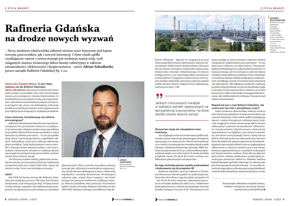 GDANSK_REFINERY's tweet photo. Zapraszamy do lektury 📖. W kolejnym numerze "Kierunek Chemia" wywiad z prezesem zarządu @GDANSK_REFINERY na temat nowych wyzwań w 2024 roku 🎥 . https://t.co/SR2NPVS9x1