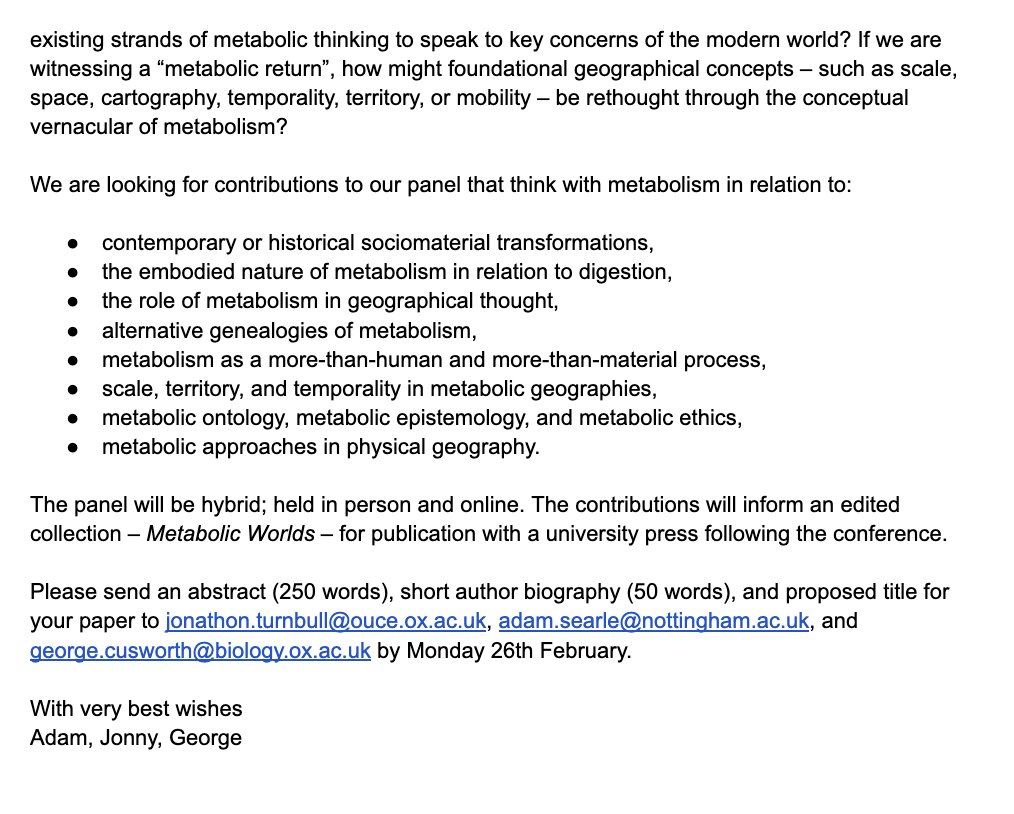 Jonny Turnbull 🇺🇦 (@jonnyjjt) on Twitter photo 🌍 CFP: Metabolic Returns, Metabolic Geographies 🌏
George Cusworth, <a href="/admsrl/">adam searle</a> & I are organising a hybrid panel on #metabolic thinking at the <a href="/RGS_IBG/">Royal Geographical Society (with IBG)</a> conference this year.
Deadline for abstracts: 26th February.
Get in touch for more details. 🌍 CFP: Metabolic Returns, Metabolic Geographies 🌏
George Cusworth, <a href="/admsrl/">adam searle</a> & I are organising a hybrid panel on #metabolic thinking at the <a href="/RGS_IBG/">Royal Geographical Society (with IBG)</a> conference this year.
Deadline for abstracts: 26th February.
Get in touch for more details.