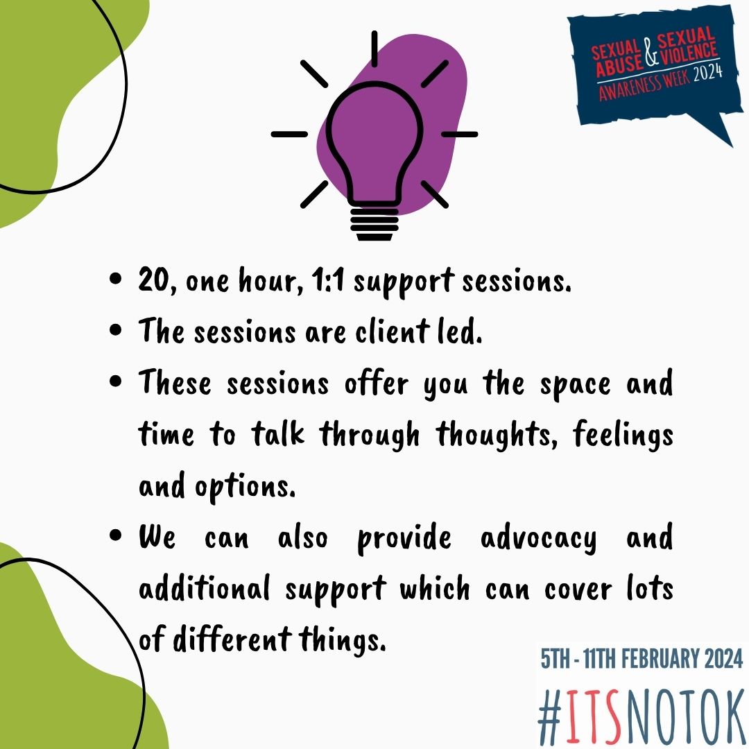 Day 4 of Sexual Violence Awareness Week
and we wanted to talk a bit about the services that we
can offer to victim-survivors in Gloucestershire.
#ItsNotOk #sexualviolenceawarenessweek #vawg
#charity #gloucestershire