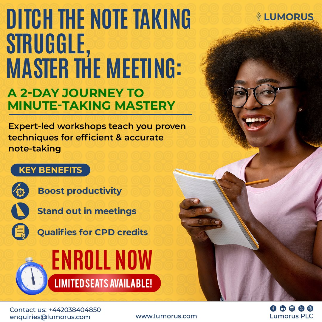 Take control of your meetings with our 2-day Minute Taking Mastery Course, which equips you with the skills to capture insights, action items, and decisions flawlessly. Secure your seat bit.ly/4bbLT3B
Limited seats available.
#Workshop2024  #professionaldevelopment
