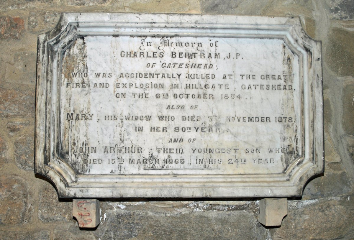 TyneSnapper's tweet photo. #Gatehead Memorial plaque to Charles Bertram J.P., in St Mary's Gateshead who perished in the Great Fire of Gateshead and Newcastle 6th October 1854. Photographed on this day 7th February 2012. https://t.co/CfRMWi1wib