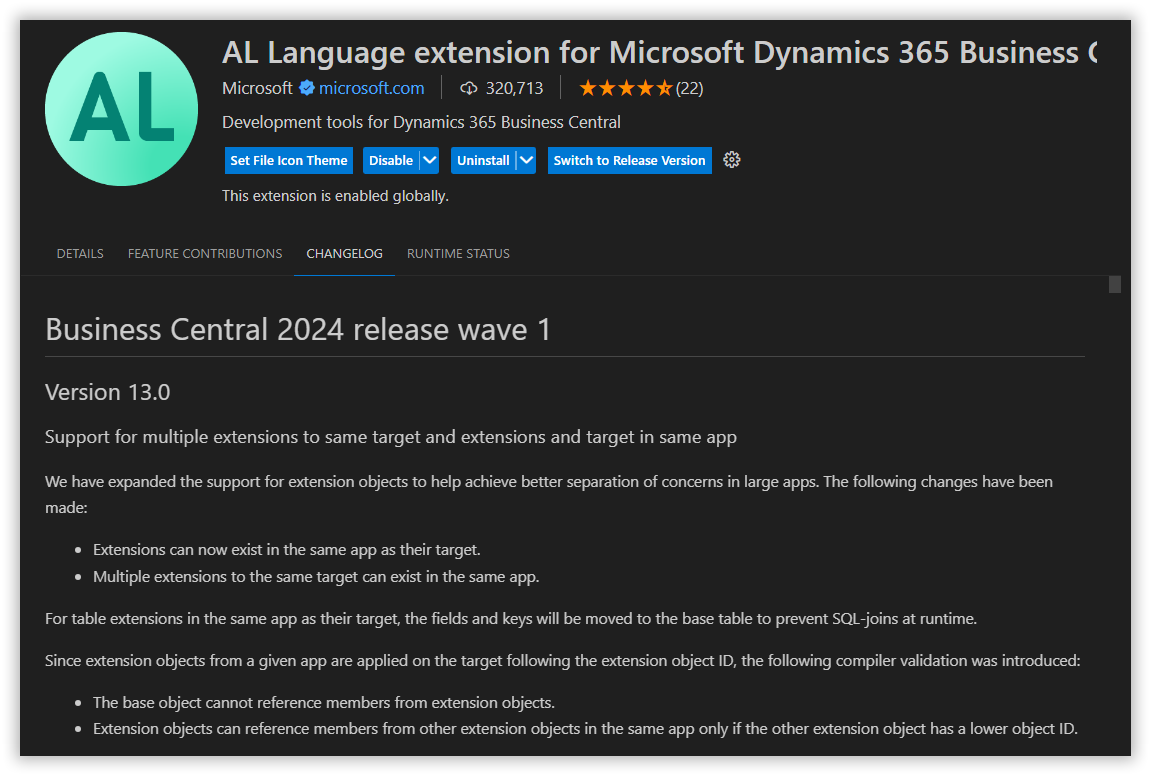TinoTeuber's tweet photo. Version 13.0.937154 (pre-release) of the "AL Language" extension has a nice new feature: "Support for multiple extensions to same target and extensions and target in same app"

https://t.co/kUtxRCewfw

#msdyn365bc https://t.co/1gU5YfpG1E