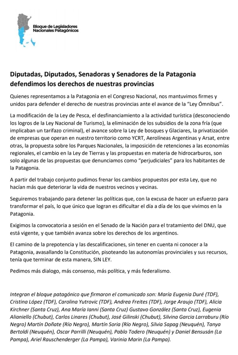 Comunicado de legisladoras y legisladores de la Patagonia, en defensa de los derechos de nuestras provincias 👇
