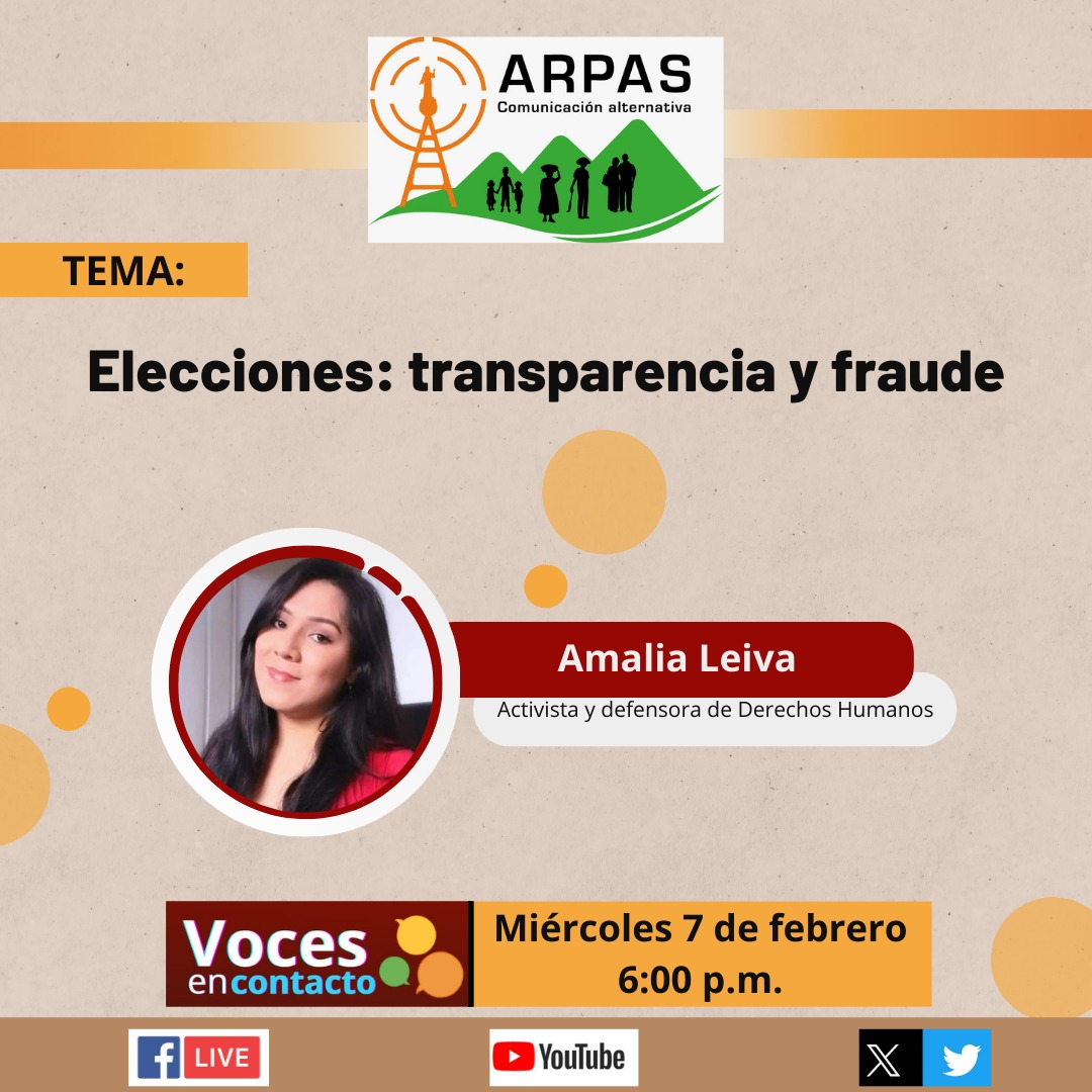 arpassv's tweet photo. #LaEntrevista| Este miércoles 7 de febrero te invitamos a la entrevista de #VocesEnContacto.
🔴 En vivo con Amalia Leiva, activista y defensora de derechos humanos.
A las 6:00 p.m en la #RedInformativaDeArpas https://t.co/TJkJHztsgX