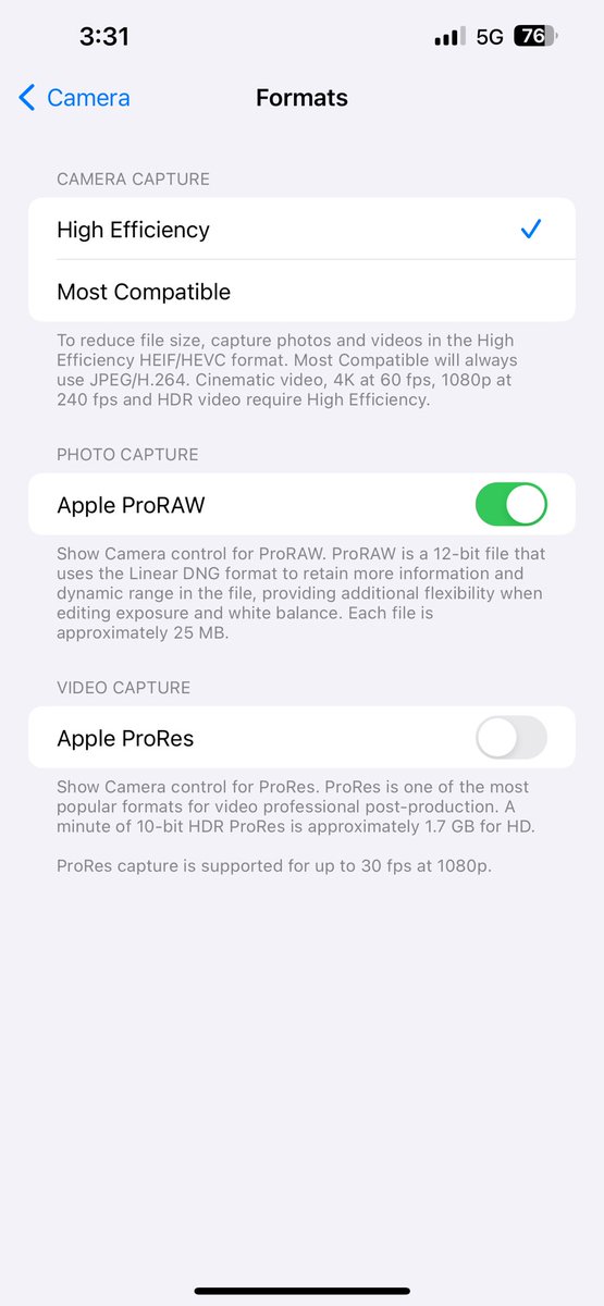 A_doseof_E's tweet photo. Camera settings for crisp iPhone pics 😮‍💨

The content creator who shared this said some of the features only work for iPhone 13 and above. https://t.co/ME4quAZPsw