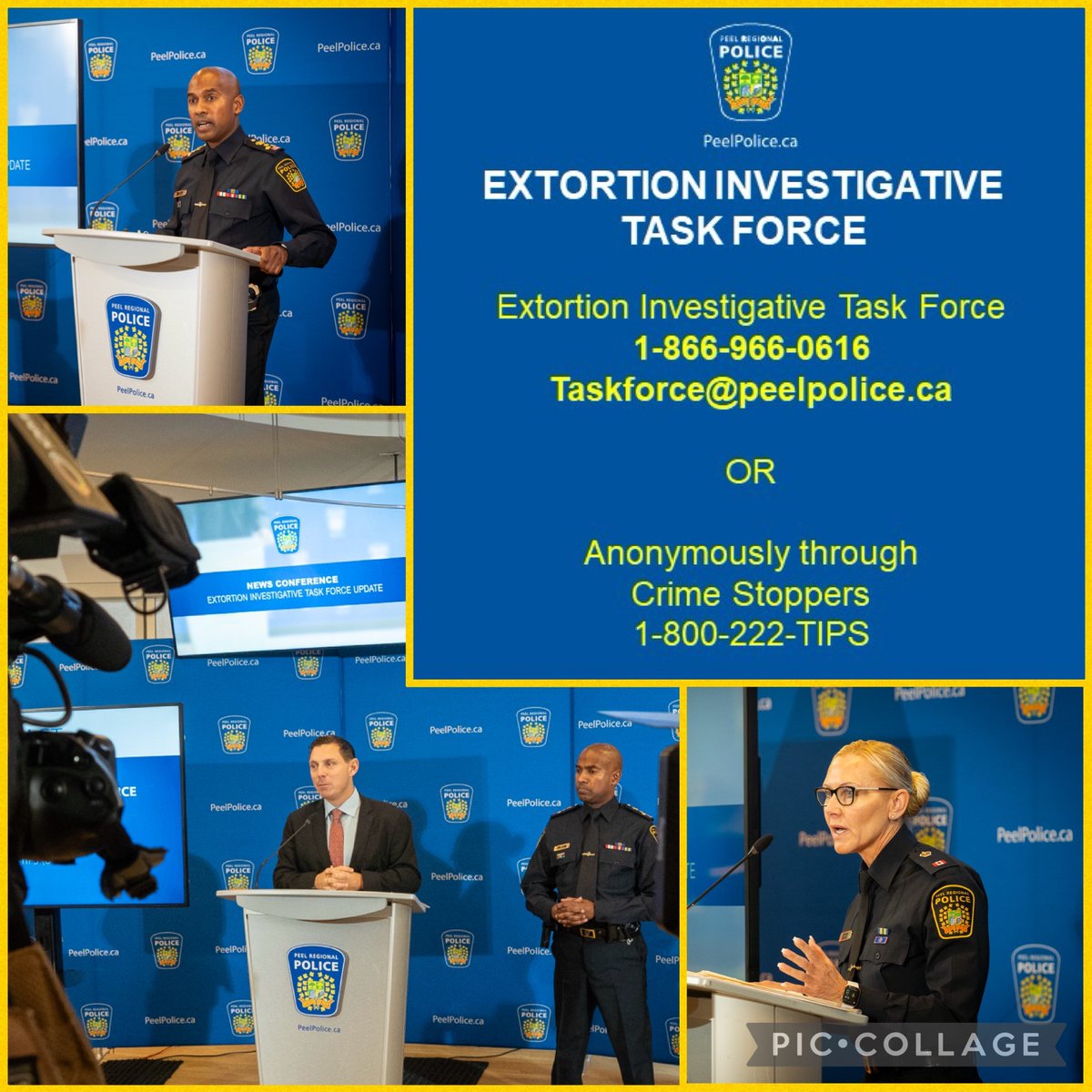 ChiefNish's tweet photo. In response to widespread extortion attempts in Peel, #PRP assembled an Extortion Investigative Task Force (EITF) last month. Our task force acted swiftly & efficiently, with 5 arrested & over 20 total charges laid. We encourage anyone with information to contact our task force. https://t.co/uqug13Z1QH