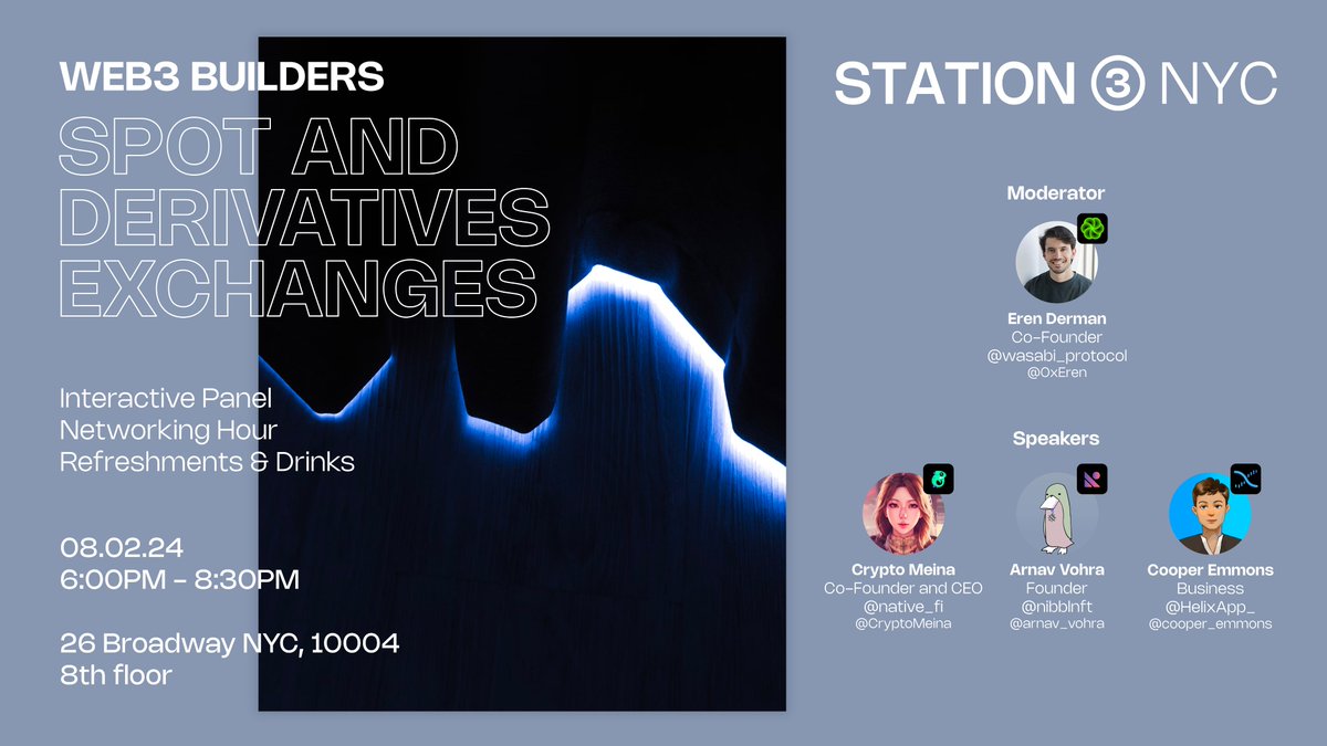 Join us tomorrow for our Web3 Builders event. The topic for the evening  will be Spot and Derivatives Exchanges. Thank you to our moderator @0xEren  and speakers @CryptoMeina @native_fi, @NibblNFT @arnav_vohra, and @