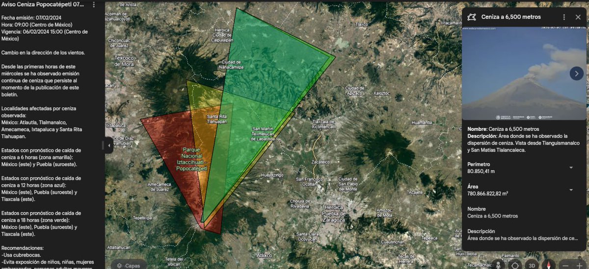 SkyAlertStorm's tweet photo. ⚠️#AvisoCenizaVolcánica del #Popocatépetl⚠️ (07/02/2024) - cambio de 180° en la dirección de los vientos:

Usa esta información a tu favor abriéndola desde Google Maps para que con tu ubicación sepas si estarás expuesto a ceniza: 
https://t.co/cpJQIgLc5u

📋Boletín del “Volcanic Ash Advisory Center - Washington" (@WashVAAC) sobre la dispersión actual de ceniza (área sombreada en rojo 🟥), localidades potencialmente afectadas y recomendaciones.
🌬️ Capas (que podrás seleccionar) con el pronóstico de dispersión a 🟨6, 🟦12 y 🟩18 horas.