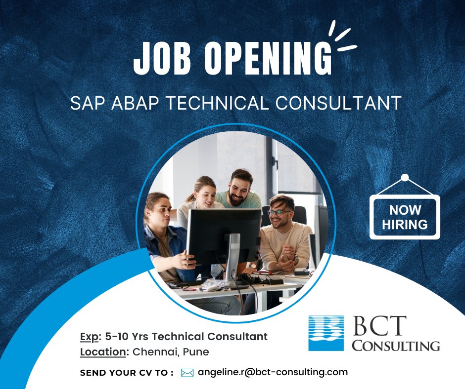 We are hiring SAP ABAP Technical Consultants with 5-10 Years Experience.
Location: Chennai, Pune
Notice: Immediate- 15 days
Email resumes to angeline.r@bct-consulting.com
#Hiring #Recruitment #SAPABAP #TechnicalConsultant #SAPJobs
#SAPABAPJobs #ITRecruitment #Recruiters #Staffing