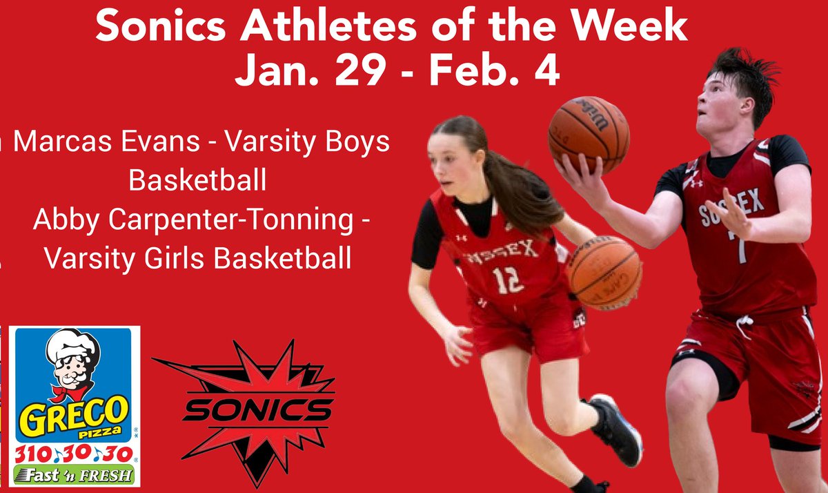 Congratulations Greco Sonics Athletes of the Week for Jan. 29 - Feb. 4, Abby Carpenter-Tonning with Varsity Girls Basketball and Marcas Evans with Varsity Boys Basketball!