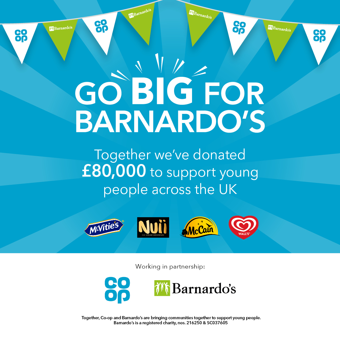 A big shout to @McCainUKIE, @wearemccaingb, @mcvities, @nuiiicecreamuk & @walls for jointly donating £80,000 to @coopuk partnership with @barnardo’s helping to support 750,000 young people across the UK. Find out more 👉 coop.co.uk/SupportYoungPe…