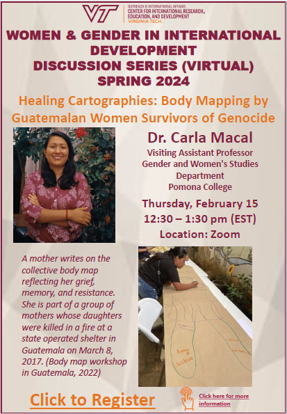 📢Join us for a discussion on Healing Cartographies: Body Mapping by Guatemalan Women Survivors of Genocide with Dr. Carla Macal
🗓️February 15, 2024
⏰12:30 - 1:30 pm (EST)
📍Zoom 
🔗Register:  rb.gy/wwdlk9
#GenderAndDev