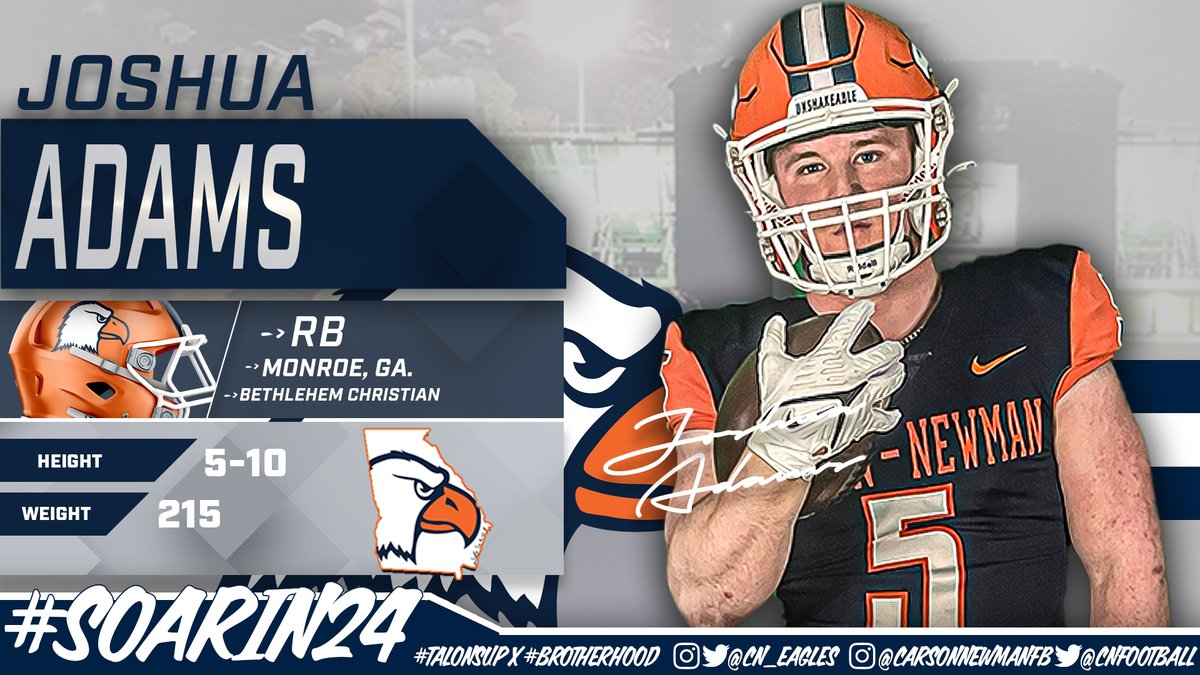 🖋️ #️⃣2️⃣6️⃣

Joshua Adams – 5-10 – 215 – B-Back – Monroe, Ga. – Bethlehem Christian Academy - <a href="/Joshua_5_Adams/">Josh Adams</a>

📋 bit.ly/2024CNFBnsd

#CNNSD24 #SoarIn24 | #TalonsUp x <a href="/cnfootball/">Carson-Newman Football</a>