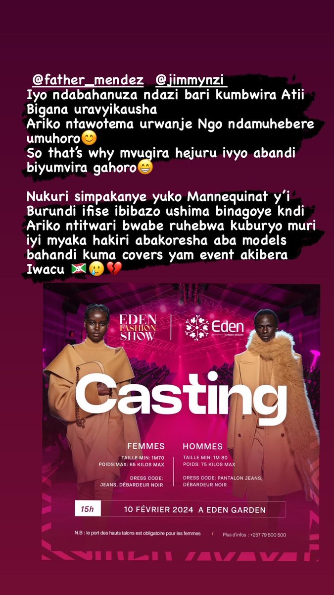 Bigana10's tweet photo. Hari namakuru mfise yuko umwe  mubakoze ino flyer yoba yaraba propoje gukoreshaa bamwe muba  mannequins b’iwacu ariko bene gutegura ino evenement baravyanka💔
Ikibazo ni Noe bibabaz yuk bakoreshej abo ma models bohandi yuko iyo event  yoca igira influence nini😁?

#ivyacu #abacu https://t.co/3RMGYVlSpR