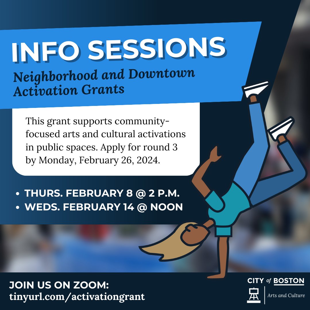 Want to learn more about the Neighborhood and Downtown Activation Grant? Attend a virtual info session! 💬 Thurs. February 8 at 2 p.m. 💬 Weds. February 14 at noon boston.gov/neighborhood-a…