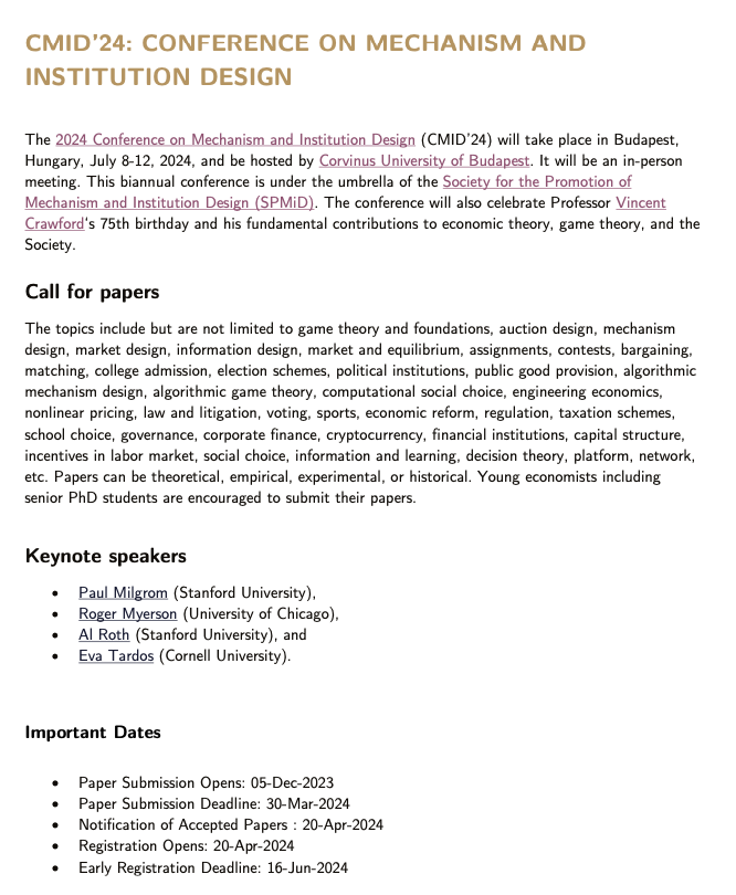 Join us at CMID'24 in Budapest, July 8-12! 🇭🇺 Papers from all areas related to the design of mechanisms and institutions welcome. Submission Deadline: Mar 30. Keynotes: Milgrom, Myerson, Roth, Tardos. #EconConference #EconTheory #CMID2024 #Econtwitter