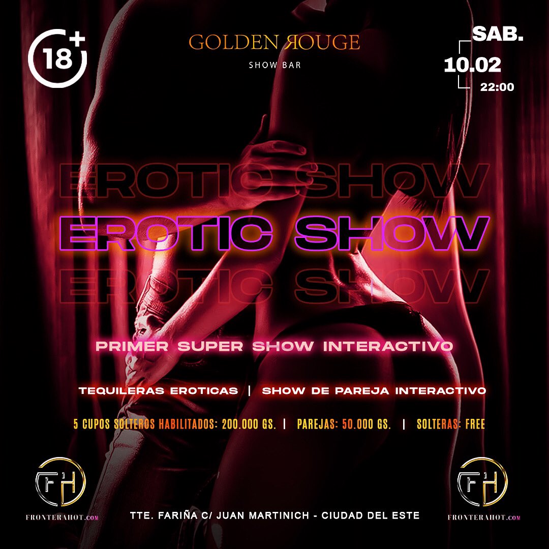 grshowbar's tweet photo. 🗓️ Sábado 10 de Febrero 
🕚 Open Doors 22:00 Hs.

Por primera vez presentamos un súper show interactivo que no te podes perder!

Parejas 50.000 gs. 
Solteras free  (hasta la 00:00 hs)
Solteros 200.000 gs. 5 LUGARES HABILITADOS ‼️⚠️

#swingerparty #cde https://t.co/4geLqCdBAy