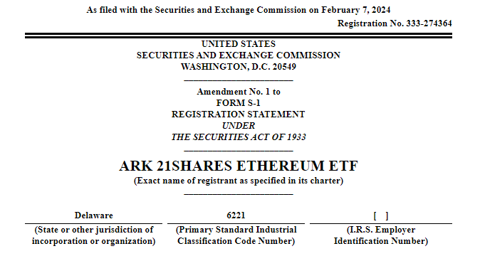 EricBalchunas's tweet photo. HERE WE GO AGAIN: ARK/21Shares has just filed an amended S-1 for their spot Ether ETF, looks like they updated to be only cash creations and some other things that bring it in line w the recently approved spot btc etf prospectus.. https://t.co/clN2oZmA6I