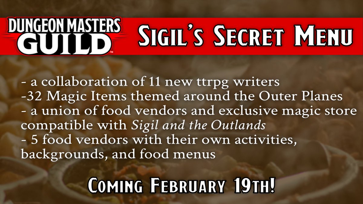 Head's up to  all D&amp;D DMs and Players! Sigil's Secret Menu is coming to the DMs Guild on February 19th! I was an advisor and writer for this project, and  I'm incredibly proud of the product and the team behind it.

Check it out Feb 19th!
#dnd #tabletopgames #dmsguild #ttrpg