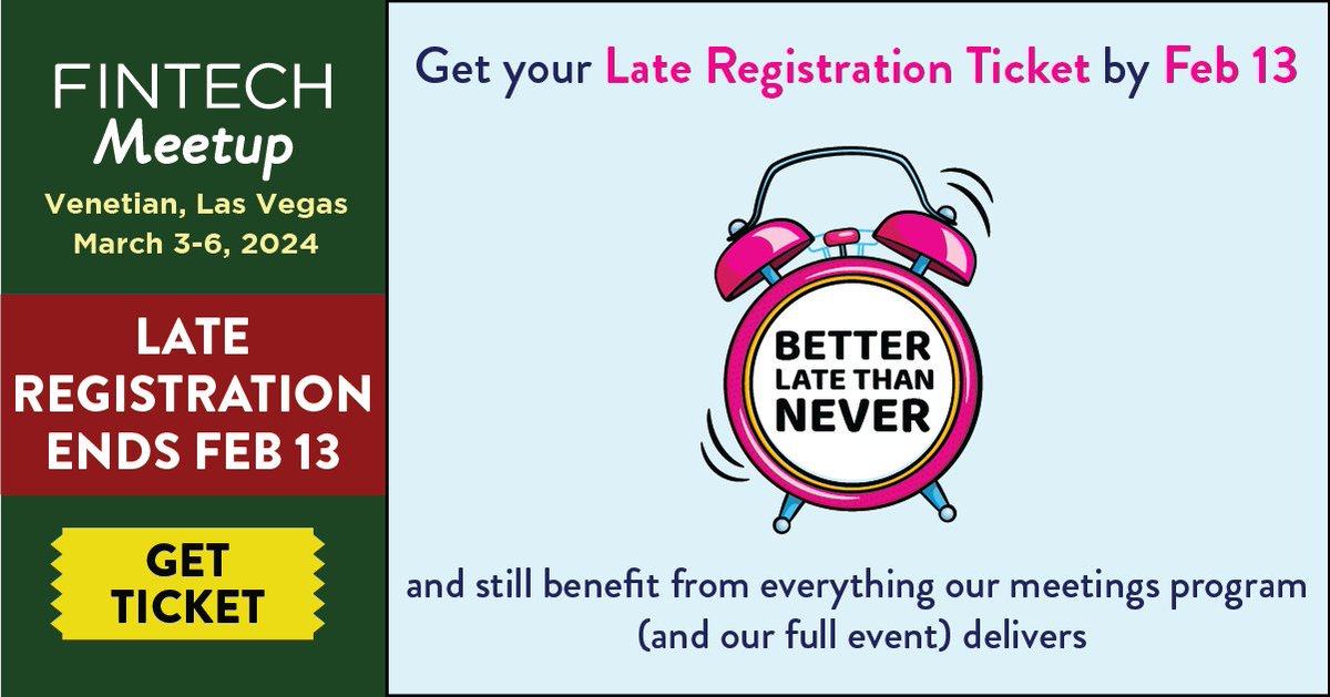 There's still time to get your Late Registration Ticket to @FintechMeetup - the one #fintech event where deals get done! 'I signed my largest client!' 'My startup got funding!' 'I found my new job' '80% of my meetings had follow ups and 65% of them converted into deals' ⚡ Only 6…