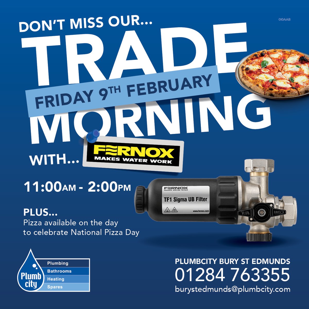 Plumbcity's tweet photo. 👉Visit  @Plumbcity Bury St Edmunds 👈on Friday 9th February for their Trade Morning with  @Fernox between 11am-2pm.  Plus tuck into a nice slice of 🍕pizza .

#plumbers #nationalpizzaday #bathrooms #showers https://t.co/1igxq6K9Fy