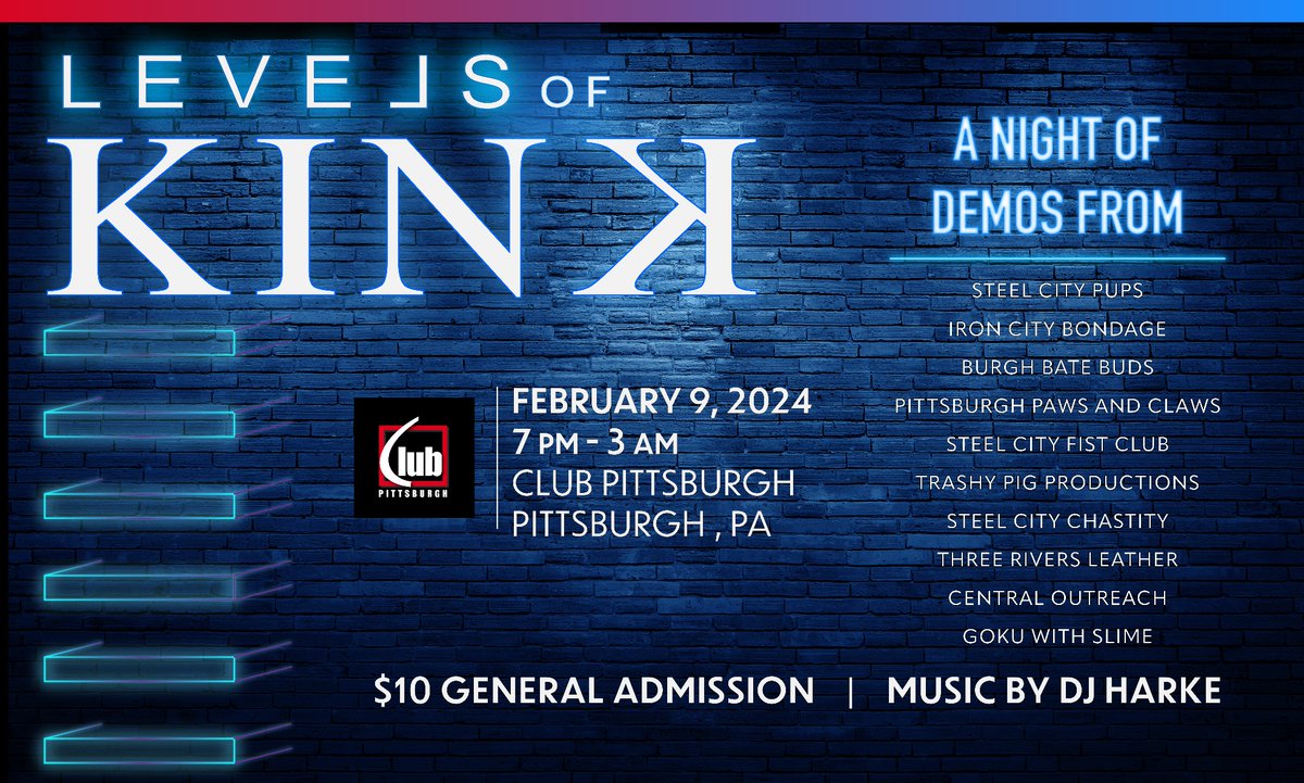 Iron City Bondage will be meeting SUNDAY Feb 11th from 6-9pm in the gym room of club Pittsburgh as usual!!

We will ALSO be at the Levels of Kink event this Friday!!!  Looking forward to seeing everyone this very kinky weekend!!! #bondage #kink #demos #etc