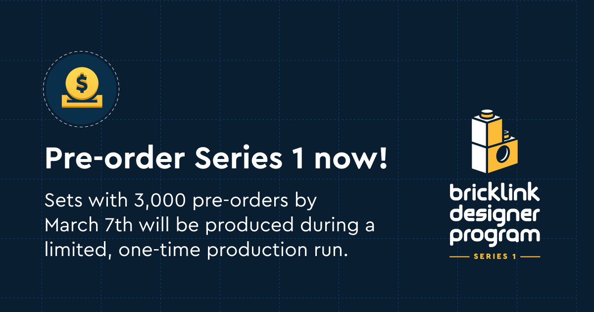 BrickLink's tweet photo. Pre-order Series 1 now! Visit https://t.co/ZG2ID6na0V

Limit of two copies of each set per household, up to 30,000 copies in a limited production run.

#BrickLink #BrickLinkDesignerProgram #BDPSeries1 #LEGO https://t.co/BMteJEoKtG
