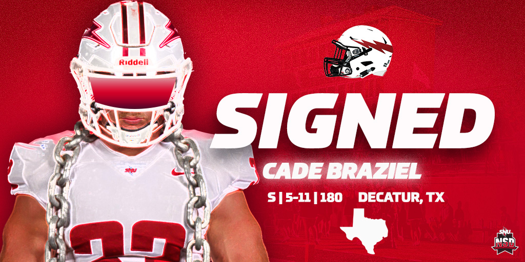 SNUFootball's tweet photo. Texas is bringing us the heat! Excited to have Cade join SNU! 🔥

#BoltsUp⚡ #nationalsigningday | @cadebraziel https://t.co/I7YlBXbRqA