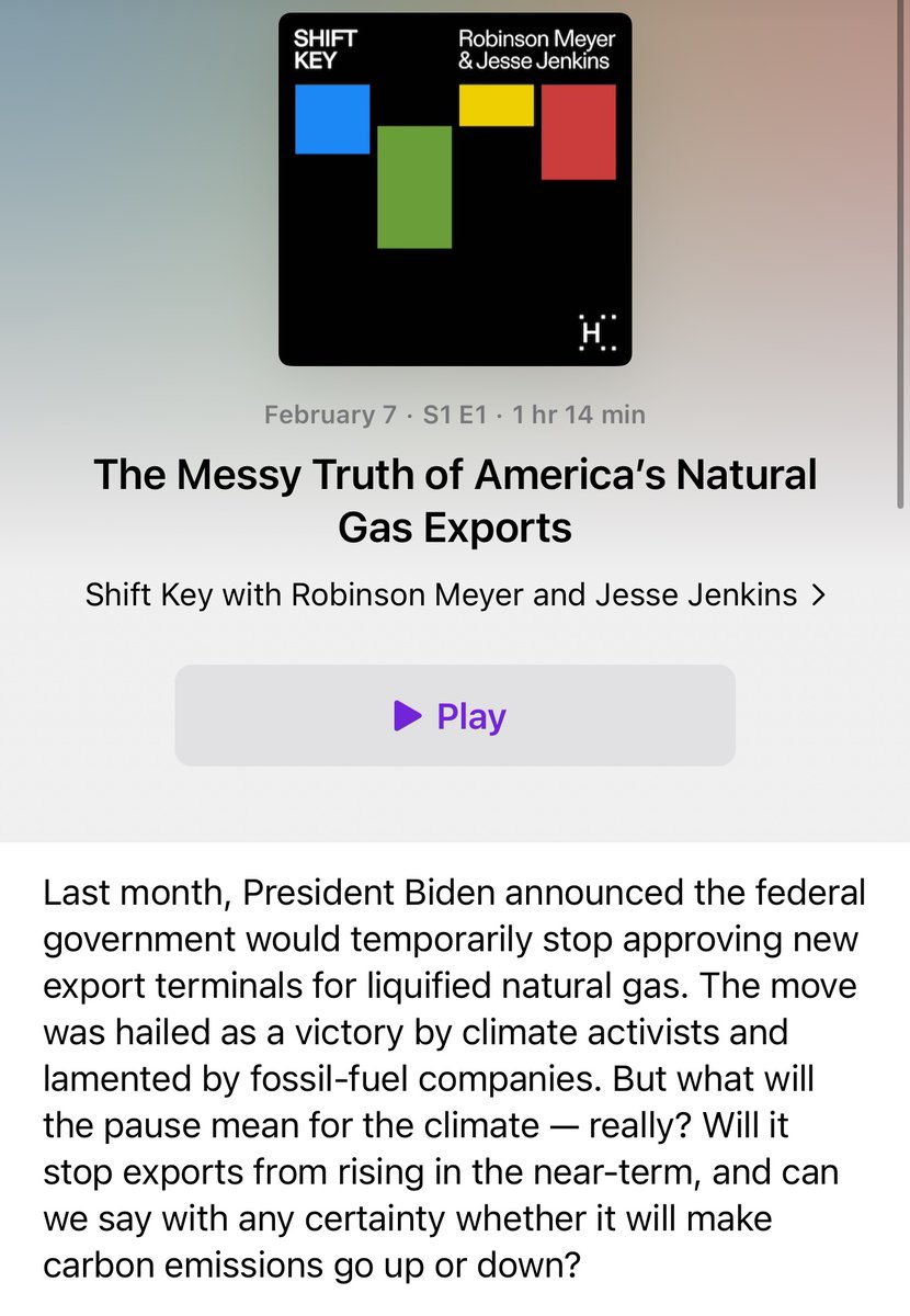 Robinson Meyer (@robinsonmeyer) on Twitter photo Excited to share the first episode of SHIFT KEY, the new podcast from <a href="/JesseJenkins/">Jesse D. Jenkins</a> and me.
We dive deep into Biden’s LNG export approval pause.
- What LNG terminals are even *affected* by this?
- What will this mean for the climate, really?
- Was this the right decision? Excited to share the first episode of SHIFT KEY, the new podcast from <a href="/JesseJenkins/">Jesse D. Jenkins</a> and me.
We dive deep into Biden’s LNG export approval pause.
- What LNG terminals are even *affected* by this?
- What will this mean for the climate, really?
- Was this the right decision?