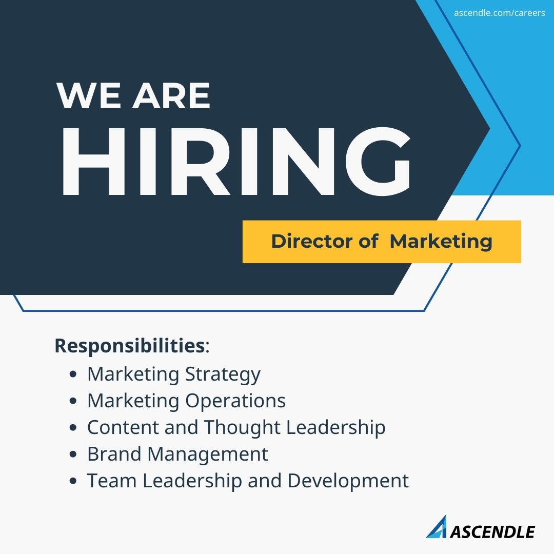 📢 Ascendle is #hiring a Director of Marketing! Join our innovative team and let's make an impact together. 💪 Learn more about the open position and apply here >>> hubs.ly/Q02k2g9_0 #directorofmarketing #softwaredevelopment #lookingforwork #opentowork #careeropportunity