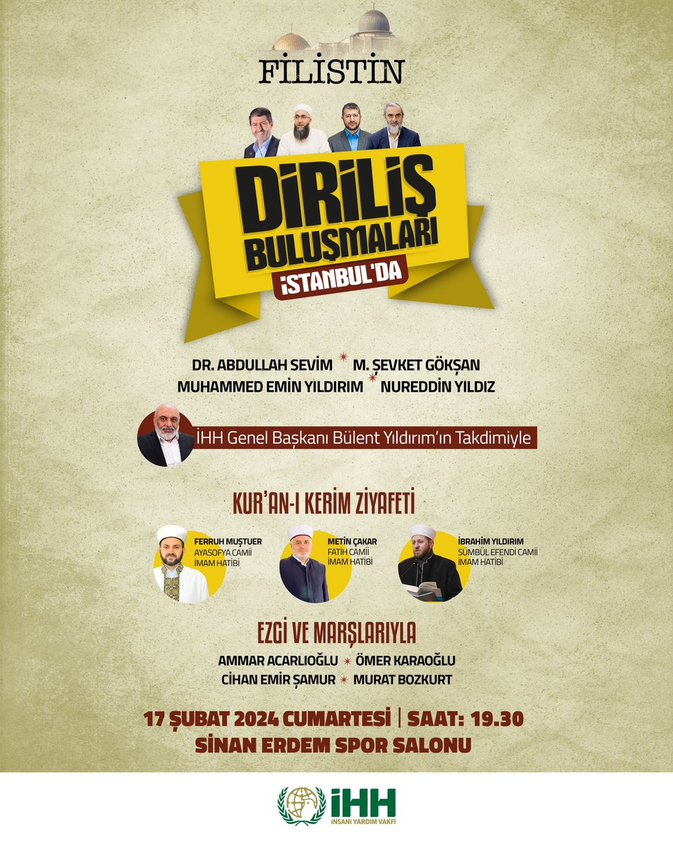 Diriliş Buluşmaları Filistin, yoluna İstanbul ile devam ediyor!

Tüm gönüllülerimiz davetlidir.

🗓️ 17 Şubat 2024 Cumartesi
🕢 19:30
📍 Sinan Erdem Spor Salonu
<a href="/ihhinsaniyardim/">İHH</a> <a href="/Sivasihh/">Sivas İHH</a>