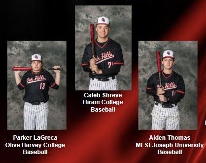 OakHillsBSB's tweet photo. Signing Day 2024! Congrats to all Highlander student-athletes! OHHS baseball is proud to celebrate Parker LaGreca- Olive Harvey College, Aiden Thomas- Mt St Joseph University, and Caleb Shreve- Hiram College. #highlanderstrong 
@24parkerlagreca
@AidenThomas2006 @CalebShreve16 https://t.co/RK3O00Zx8B