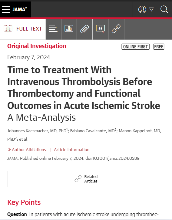 Study findings indicate that the benefit associated with intravenous thrombolysis prior to thrombectomy was time dependent and lessened with longer times between symptom onset and expected administration of intravenous thrombolysis. 

#ISC24 

ja.ma/4bqFD87