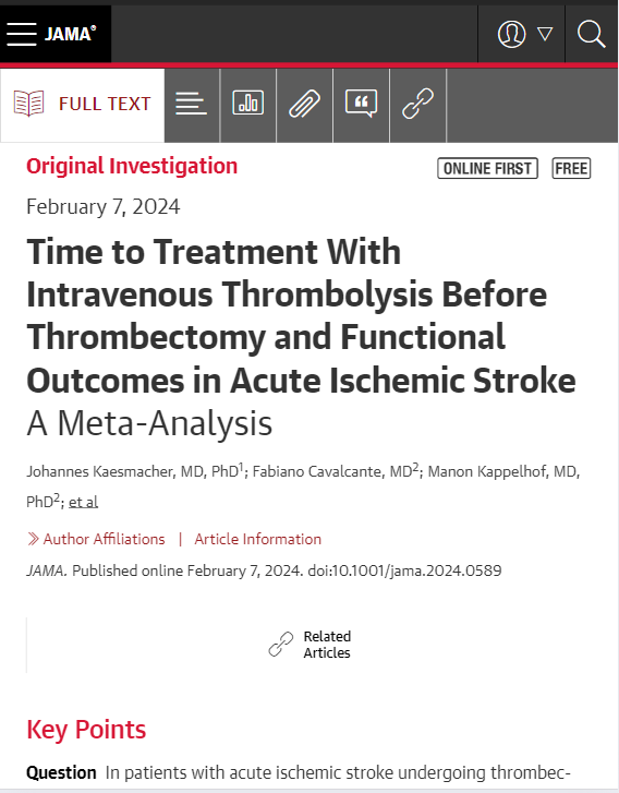 Study findings indicate that the benefit associated with intravenous thrombolysis prior to thrombectomy was time dependent and lessened with longer times between symptom onset and expected administration of intravenous thrombolysis. #ISC24 ja.ma/4bqFD87