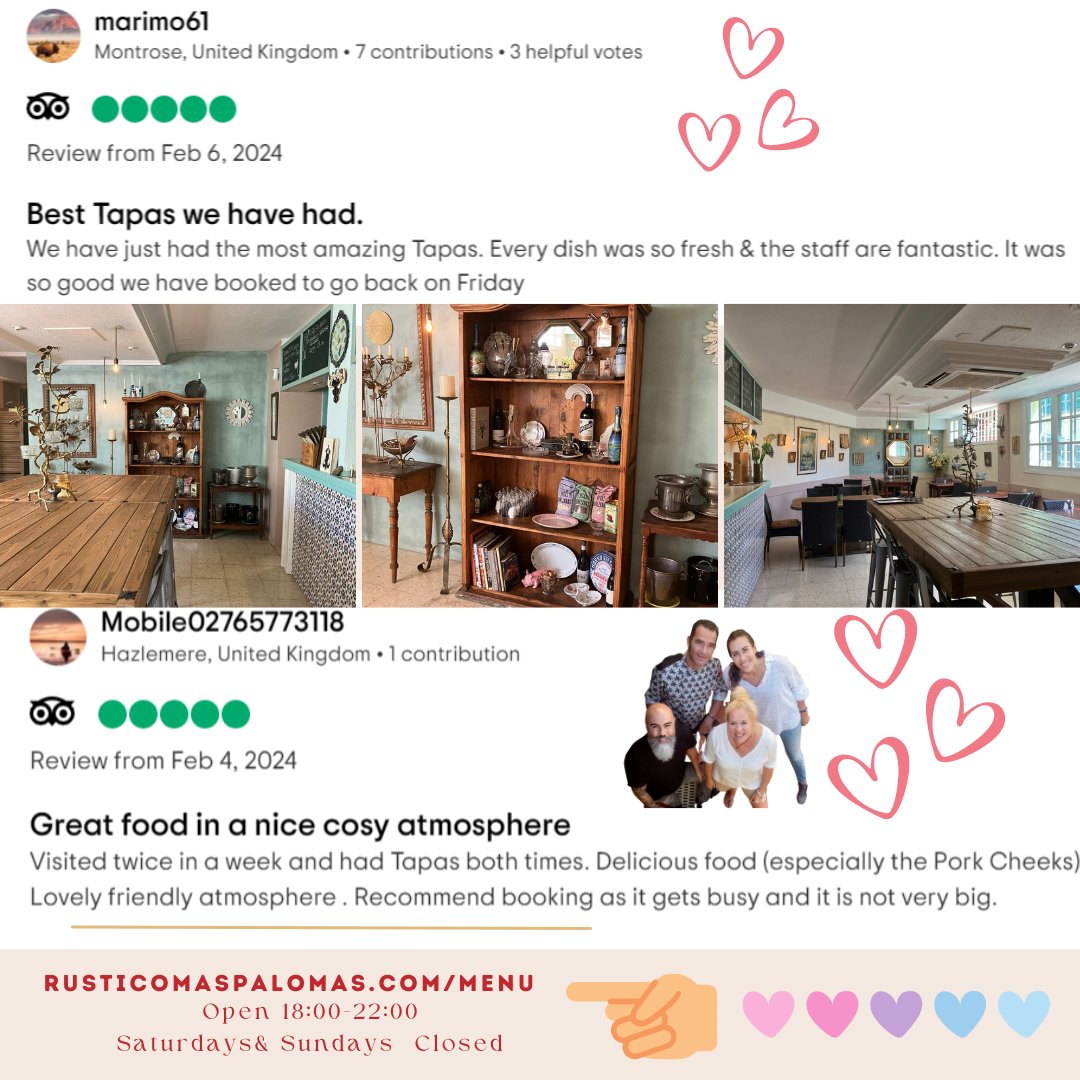 RusticoTapas's tweet image. #customerpraise #testimonials #deliciouswords keep them coming - the latest Tapas adventures await at rusticomaspalomas.com/menu and yes, it is true: we are closed on Saturdays AND Sundays. See you soon!