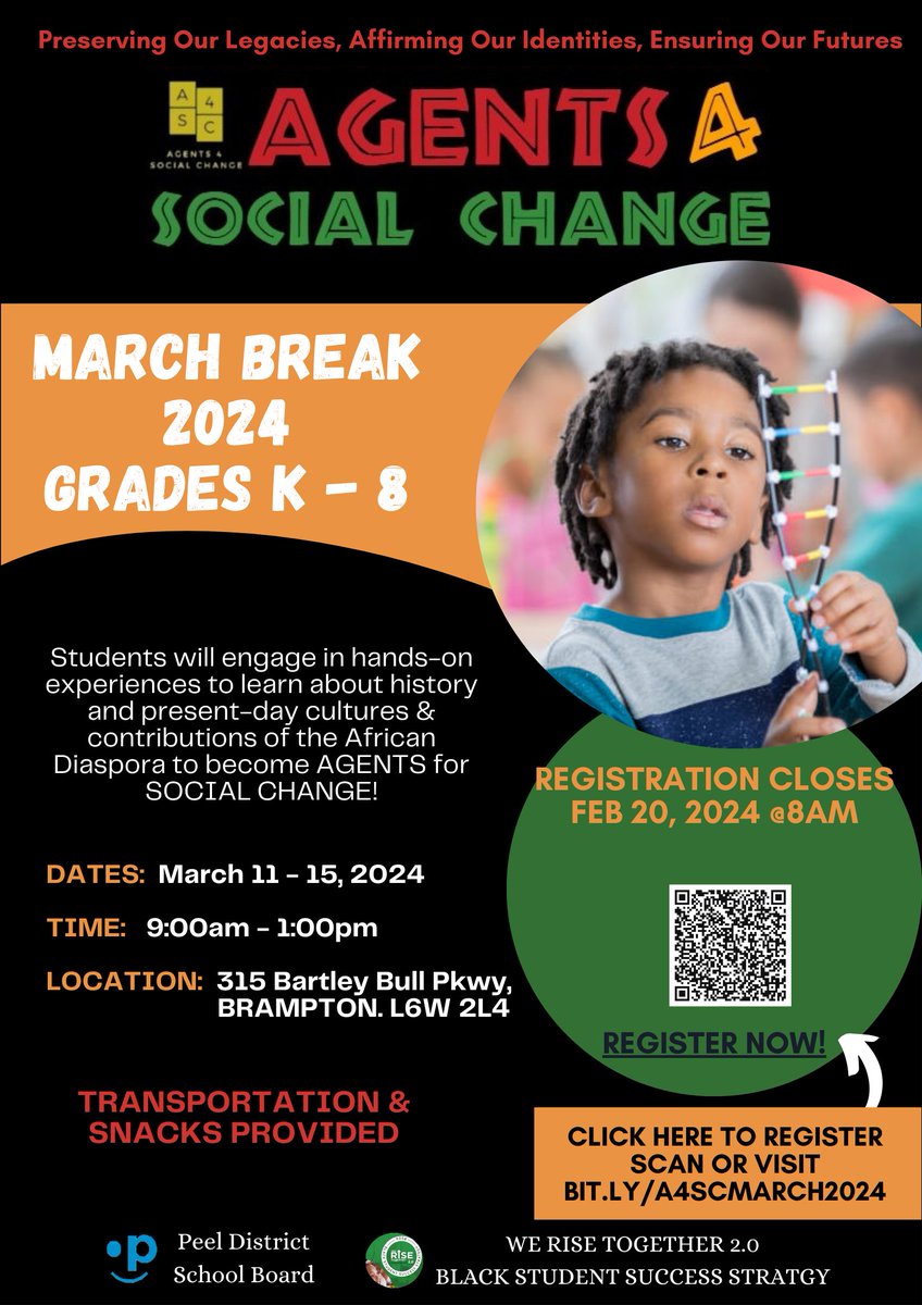 Registration is open for PDSB Agents for Social Change Africentric March Break program!!