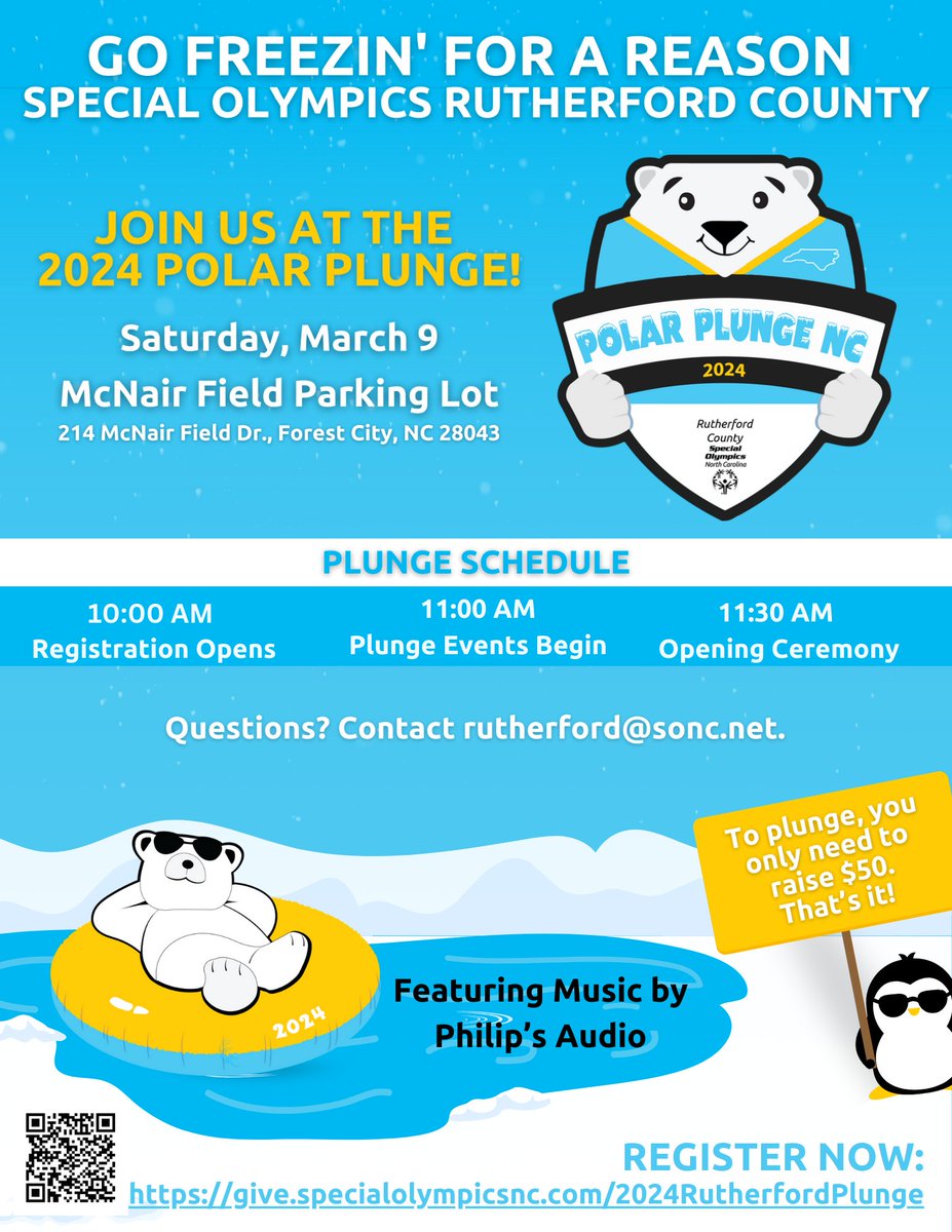 discover_fc's tweet image. We are proud to support the Special Olympics of Rutherford County! Join Mayor Holland and the Town of Forest City on Saturday, March 9th for the 2024 Polar Plunge at McNair Field.

give.specialolympicsnc.com/team/558945