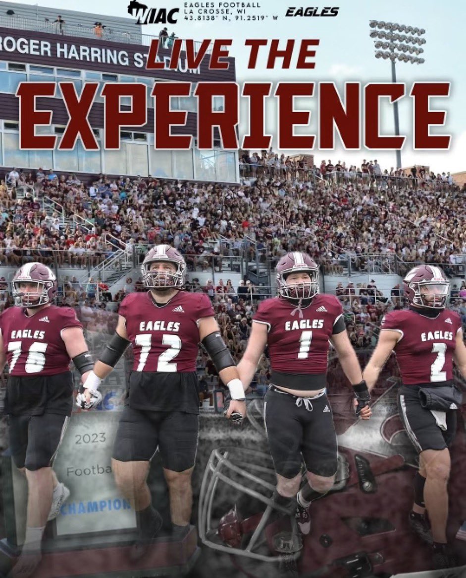 GeoSchroeder9's tweet photo. Looking forward to the pursuit of 36 and 4 with @UWLEagleFB!

Can’t wait for #TheExperience https://t.co/Zg4wnFolJh