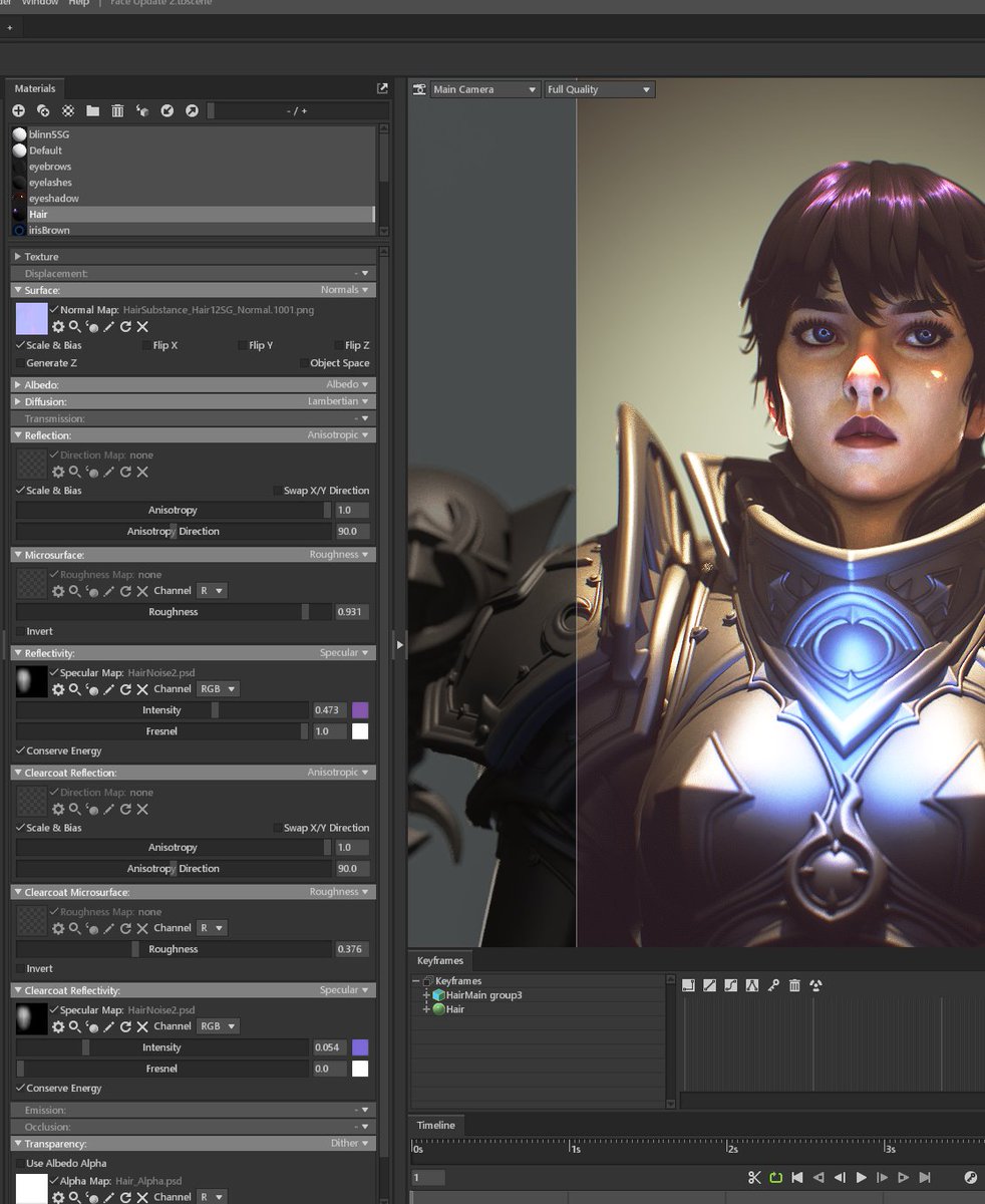 slipgatecentral's tweet photo. Stylized anisotropic hair breakdown, thought I'd share here as I don't have time to make a video atm. Here's short version:  
Anisotropic reflection, vertical overlapping UV's, simple noise texture with faded edges, generated normalmap, opacity gradient to make tips fade. https://t.co/FMac6qZs7y