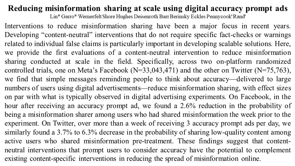 🚨New WP🚨 Field experiments with 33 million FB users & 75k Twitter users: Ads prompting users to think about accuracy reduce misinformation sharing! Accuracy prompts offer platforms a content-neutral approach that is scalable and preservers user autonomy osf.io/preprints/psya…
