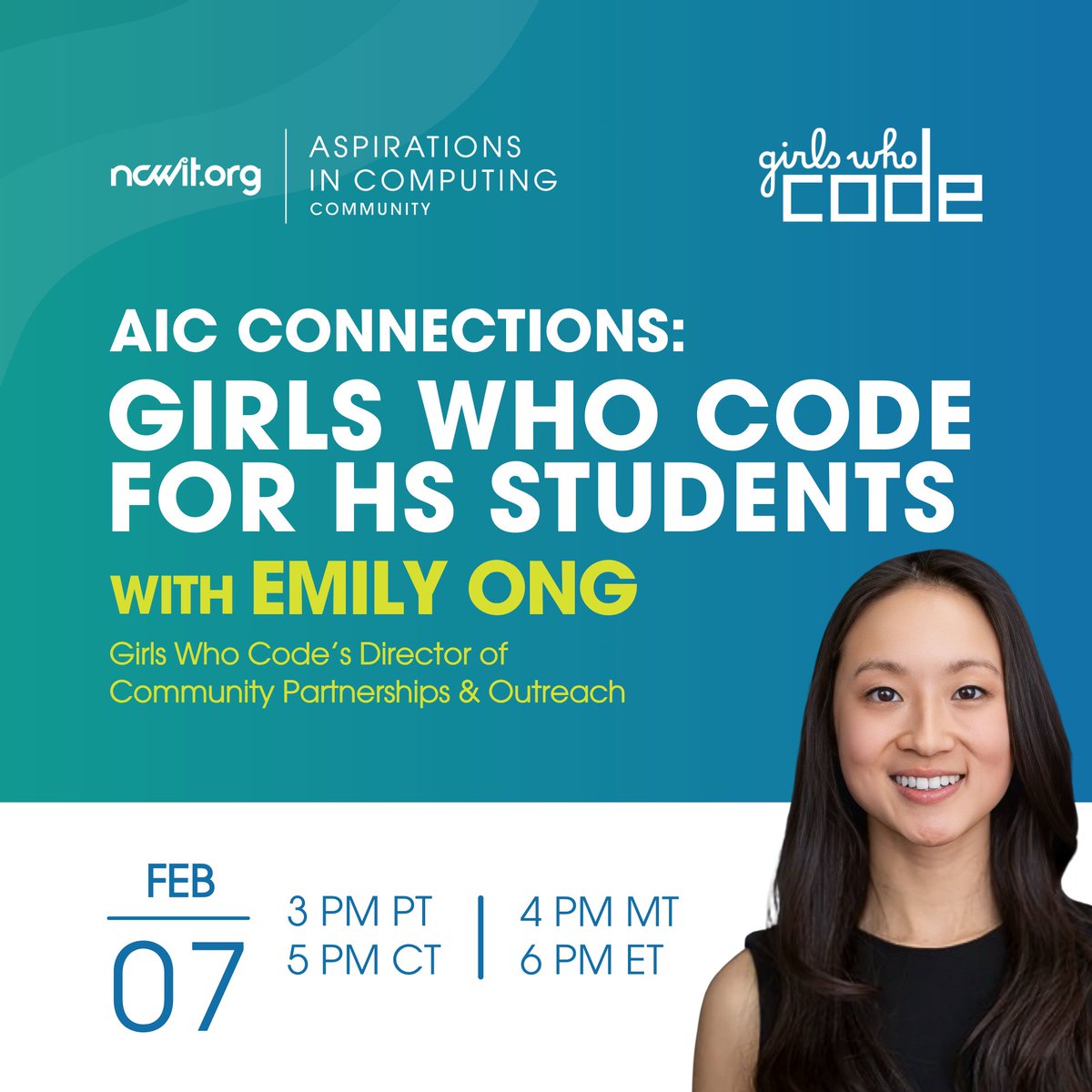 🔔 At 3 pm PT, high school students in the #AiCcommunity are invited to join an #AiCconnections event: bit.ly/NCWITAiCxGWC Meet Emily Ong, Director of Community Partnerships & Outreach at @GirlsWhoCode, and learn about free summer programs, plus college and career support!