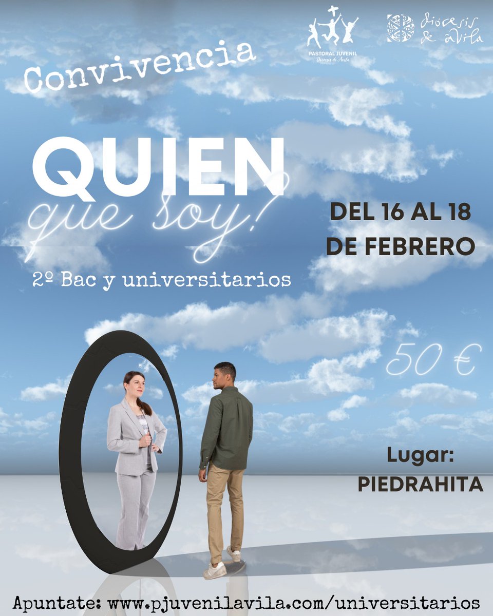 👤 "Quien, que soy?" 👥 🤳Inscríbete en la convivencia de 2 bac y universitarios📢.
                 
             👇👇 👇👇👇👇

 pjuvenilavila.com/universitarios

🫶🏻 Profundiza en la persona y las relacion con los otros.       

 🗓️ 16 al 18 de febrero.