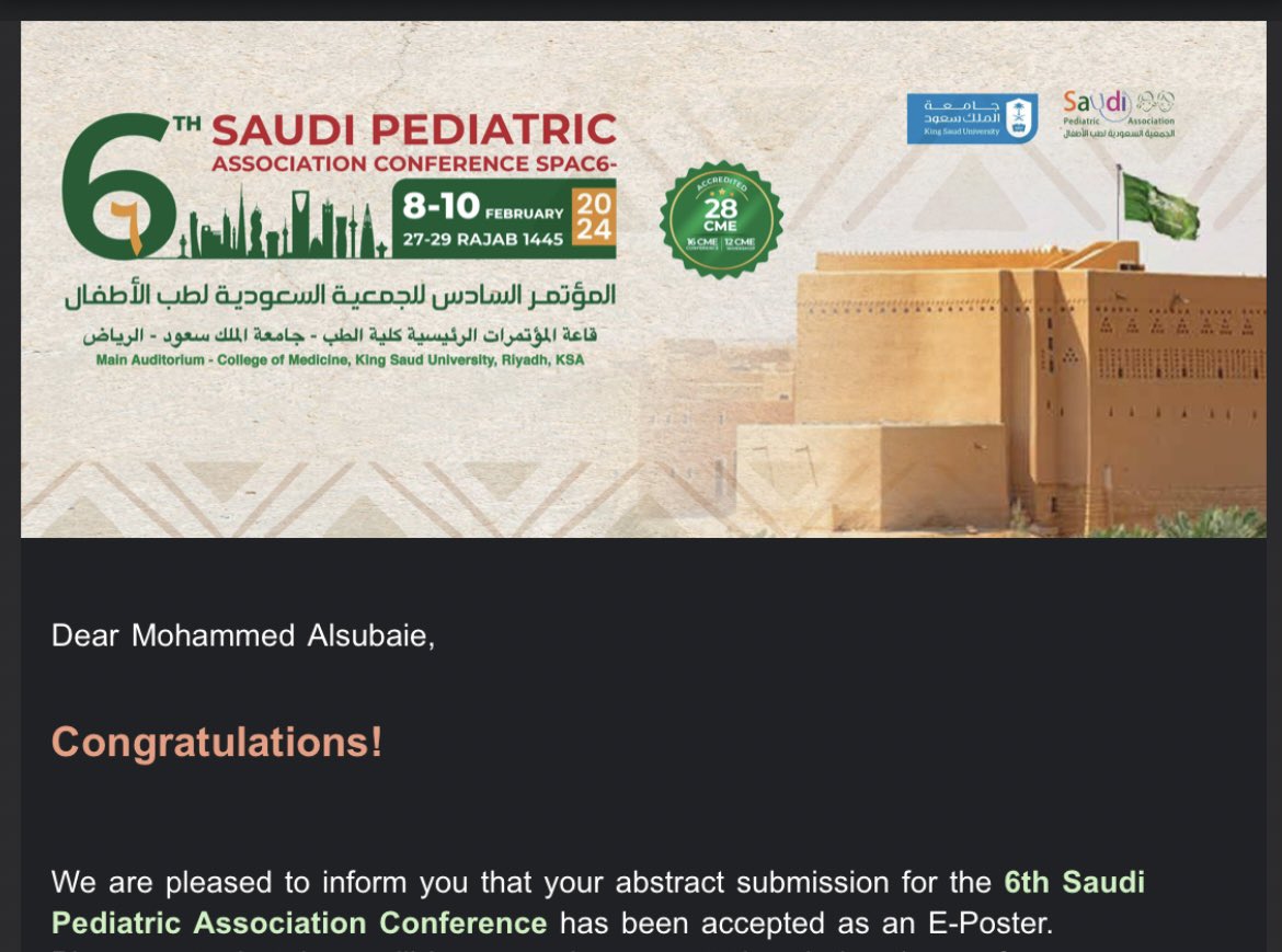 vMSubaie's tweet photo. Excited to present at the 6th Saudi Pediatric Association Conference! Here we go! โ๏ธ
#SPAC6 #Pediatrics https://t.co/oG9B7UnPTh