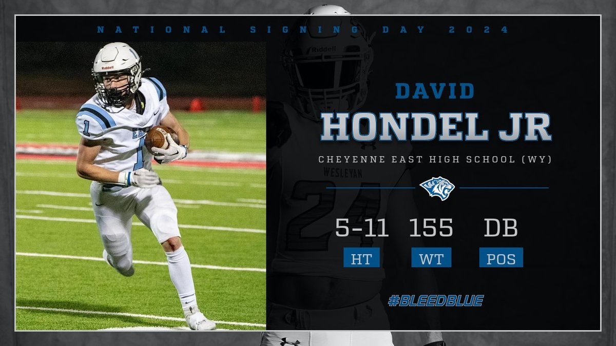 DWTigerFB's tweet photo. Another big addition to our secondary from WY!

@DavidHondel recorded 23 total tackles, 2.5 TFLs, and 6 PBUs. As a PR he ran back 1 TD and recorded 273 yds. Hondel Jr. helped his team to 2 state runner-up finishes while being named All-Conference for both WR and DB.

#bleedblue https://t.co/obnr1RjUnb